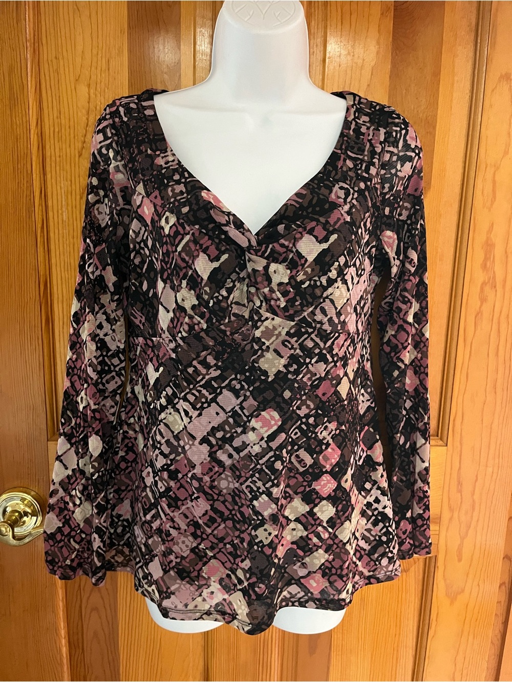 Axcess Mauve, Black and Cream V-Neck Long Sleeve Printed Top